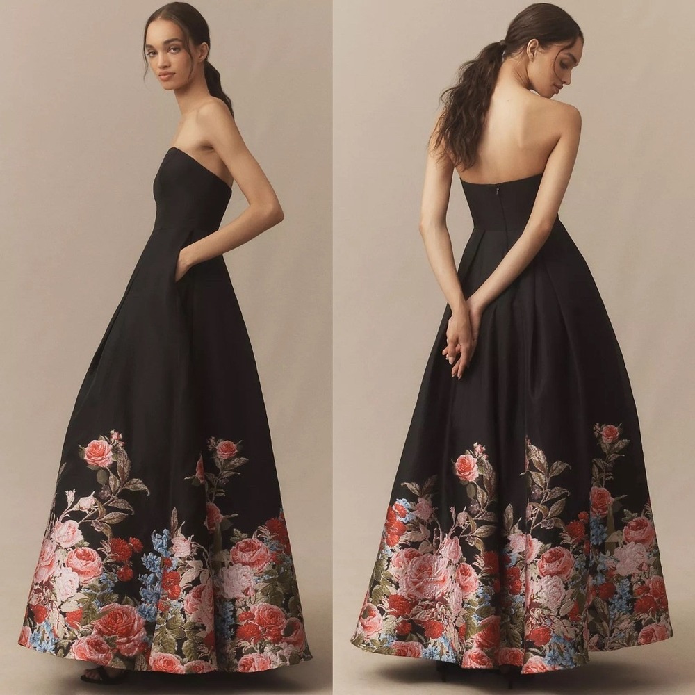 NEW Mac Duggal Black Strapless Floral Brocade Ballgown $798 -‎ Size 4 - Picture 10 of 14